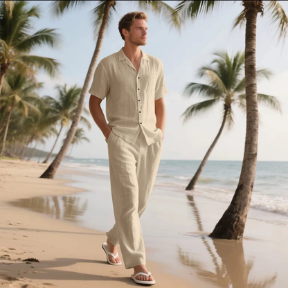Men's Linen Shirt And Pants Set Natural Summer