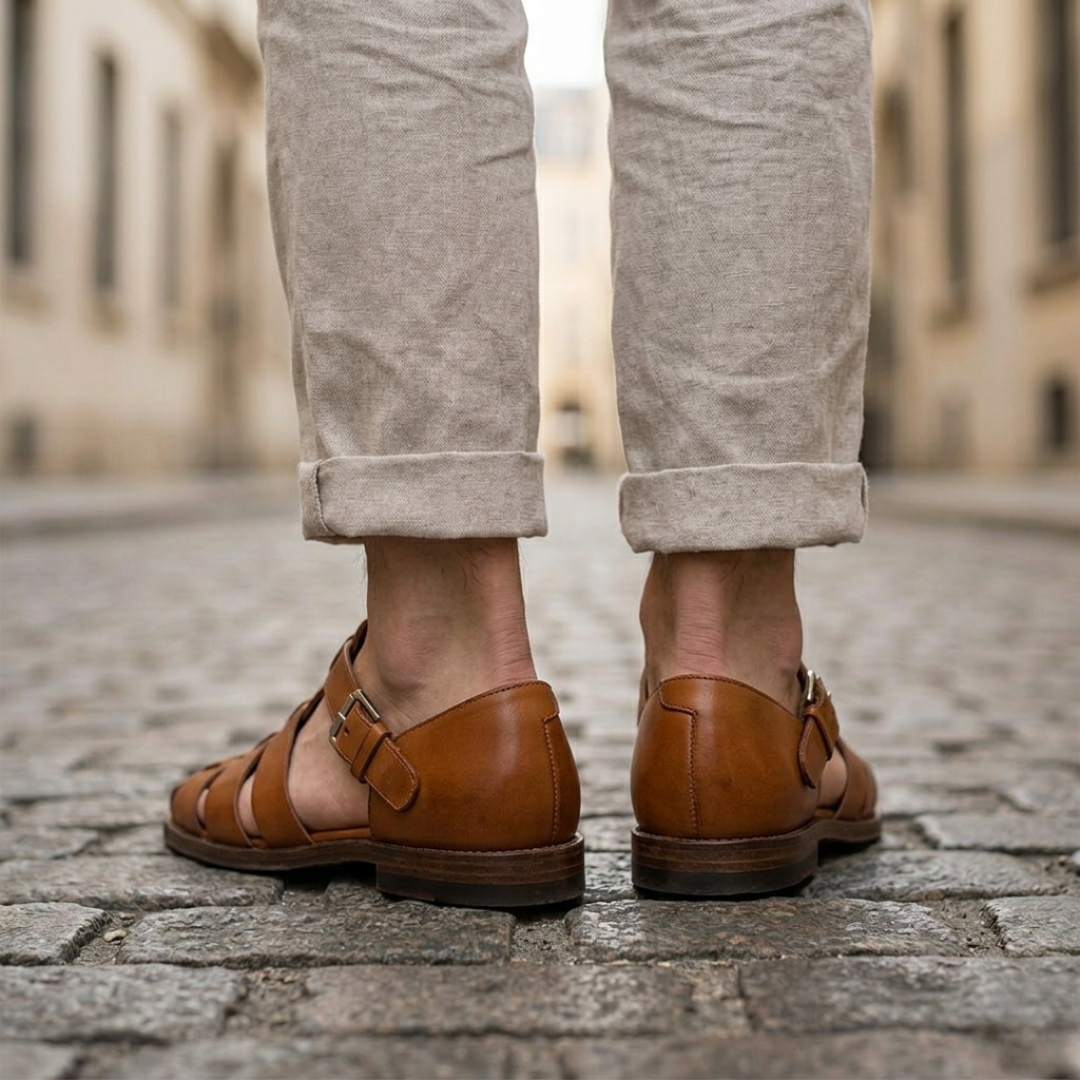 Men’s Leather Sandals Closed Toe Buckle Strap Summer Shoes