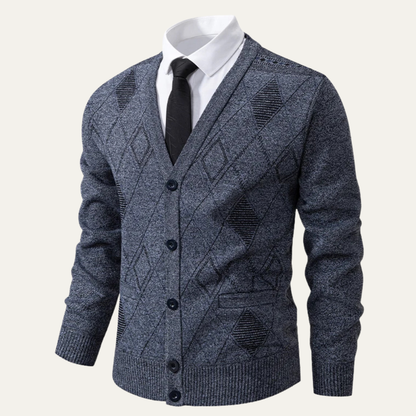 Men's Plaid Fleece Cardigan V Neck Winter Knit