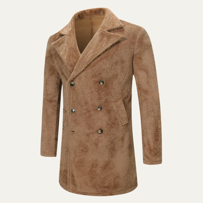 Fairchild Men's Double Breasted Plush Winter Coat Brown