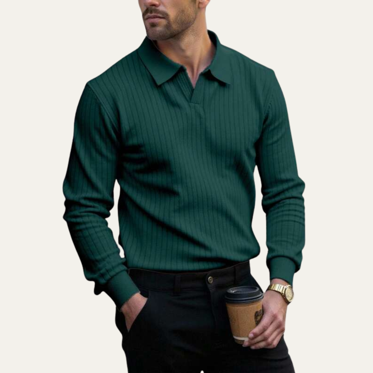 Men's Long Sleeve Ribbed Polo Shirt