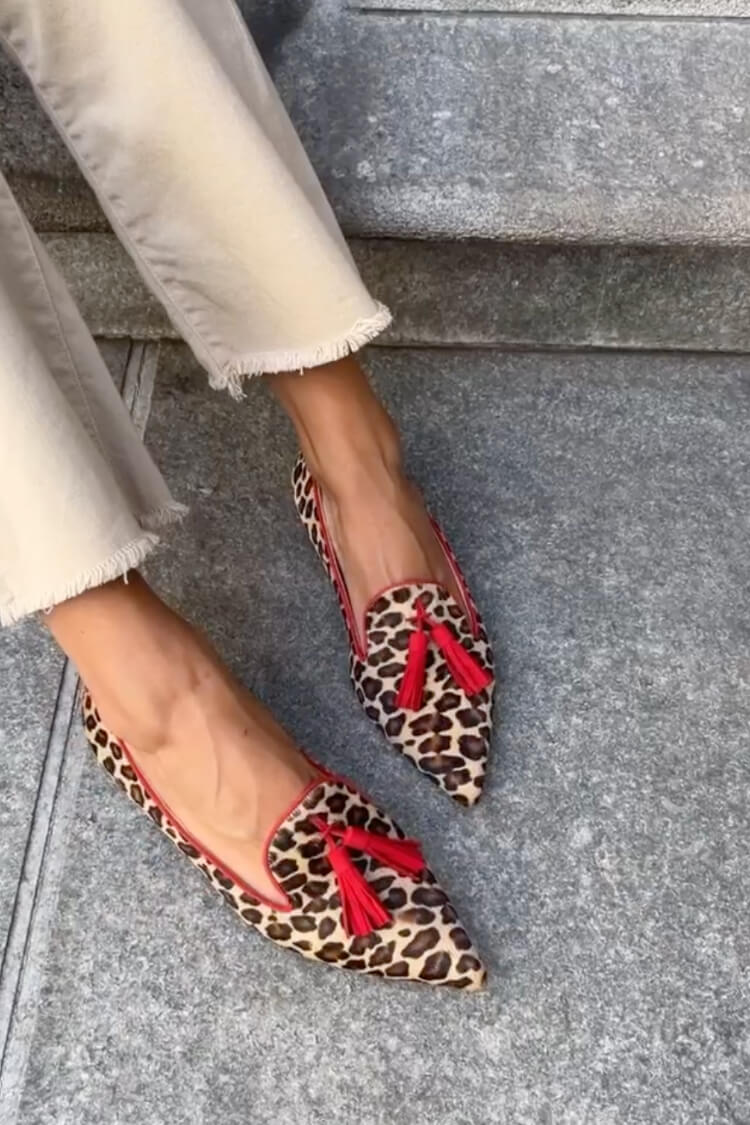 Women's Pointed Loafer Red Tassel Leather Shoes