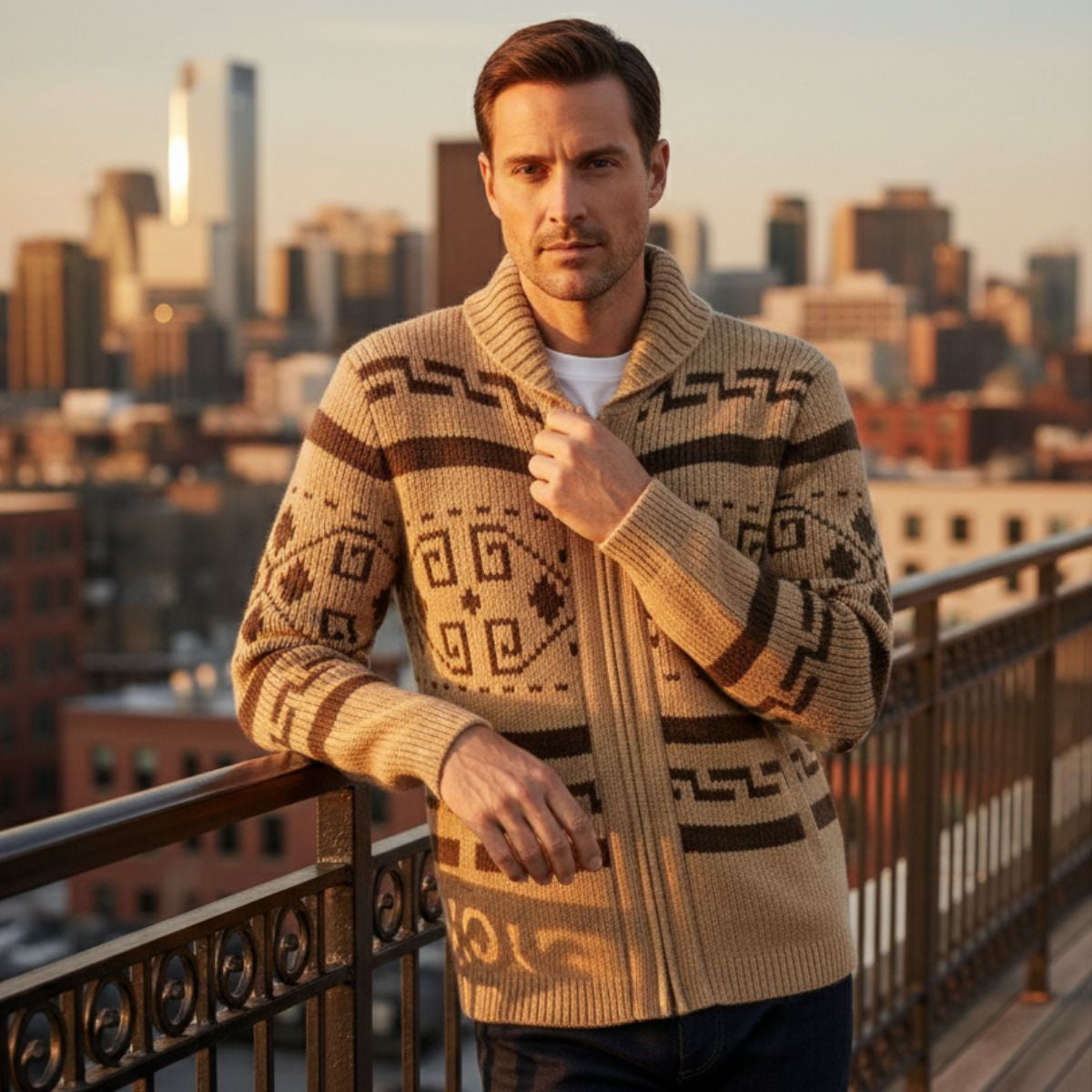 Men's Vintage Knit Cardigan Shawl Collar Thick Wool Beige