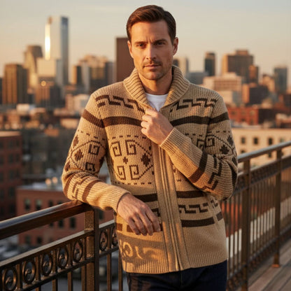 Men's Vintage Knit Cardigan Shawl Collar Thick Wool Beige