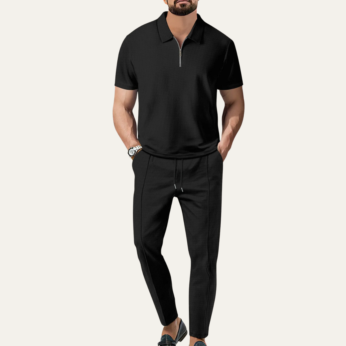 Men's Waffle Textured Short Sleeve And Pants Set