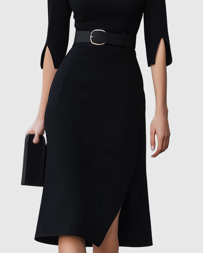 Ladies' Elastic Waist Mock Neck Midi Dress with Flare Sleeves
