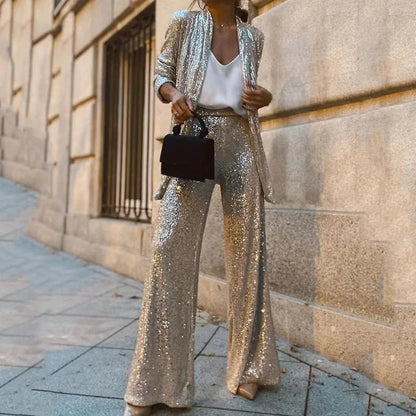 Women's Sequin Two-Piece High-Waisted Pants Set