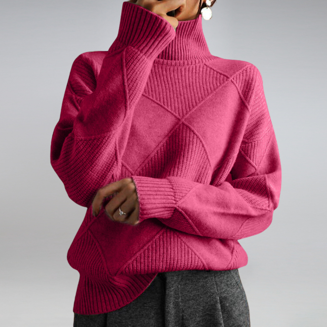 Women's Turtleneck Sweater Diamond Knit Ribbed Cuffs