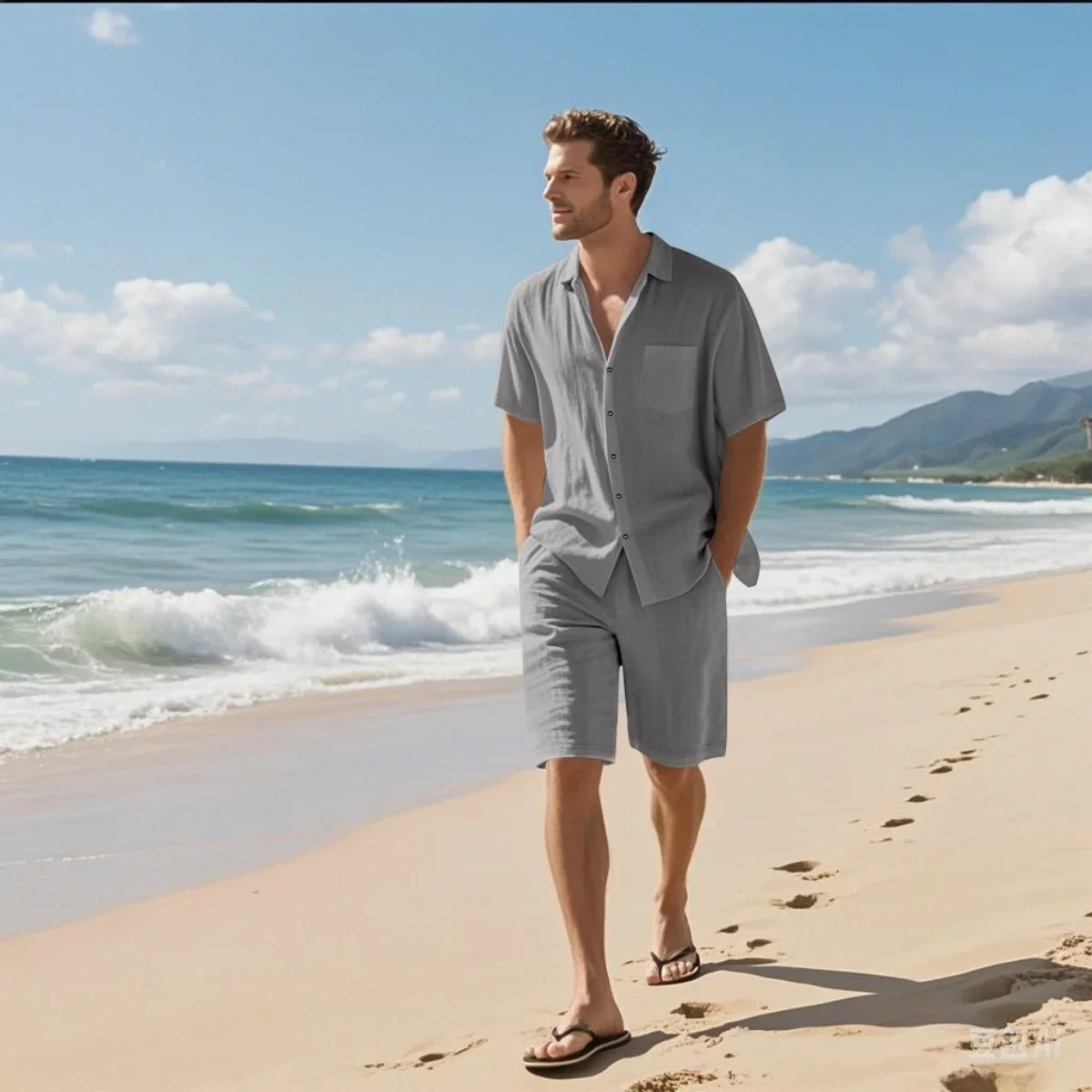 Men's Retro Beach Shirt And Shorts Set