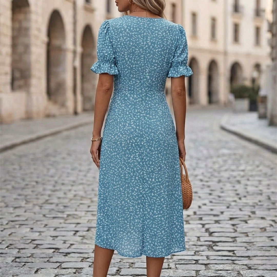 Women’s Floral Wrap Midi Dress V-Neck Short Sleeve Summer Dress