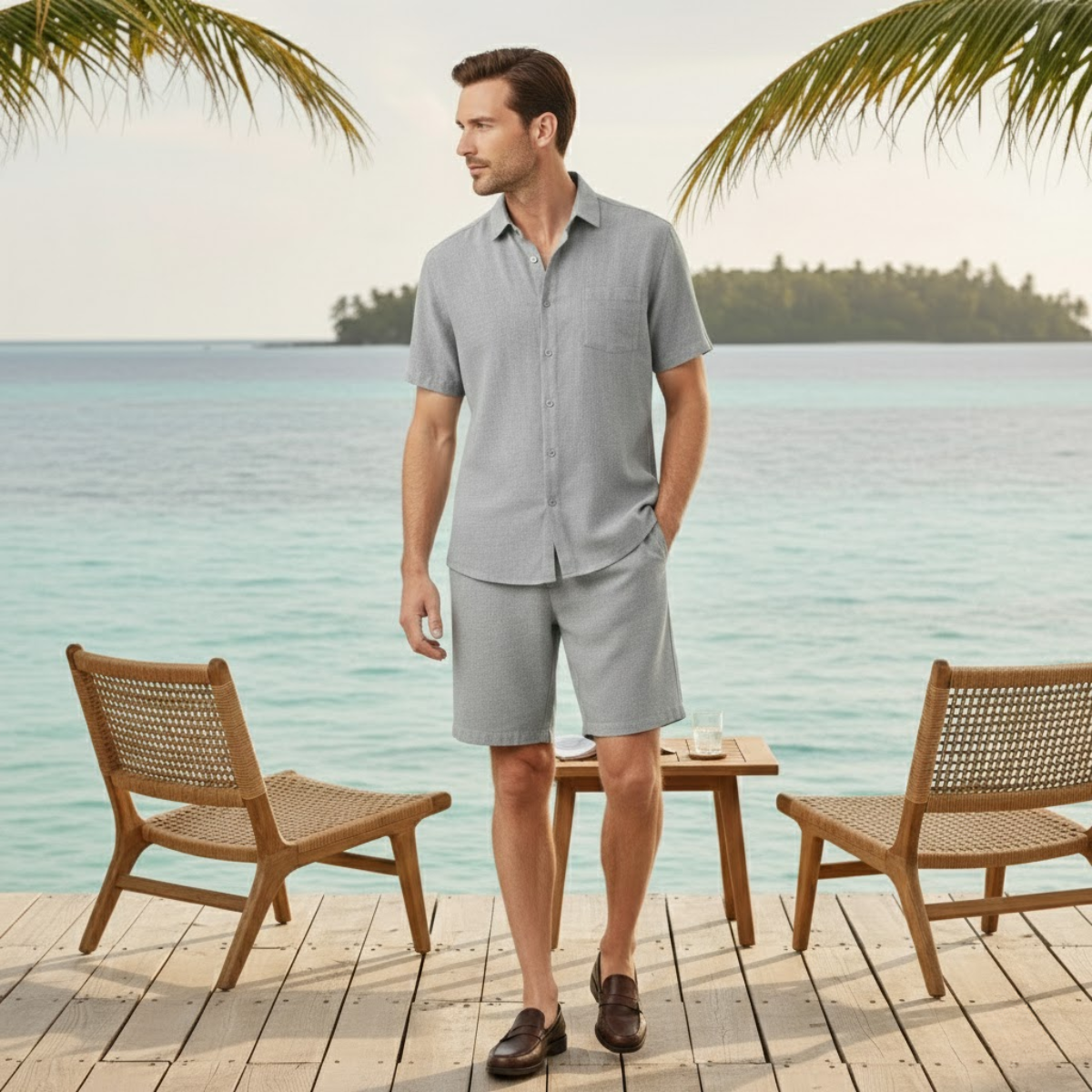 Men's Linen Shirt And Shorts Breathable Summer Set