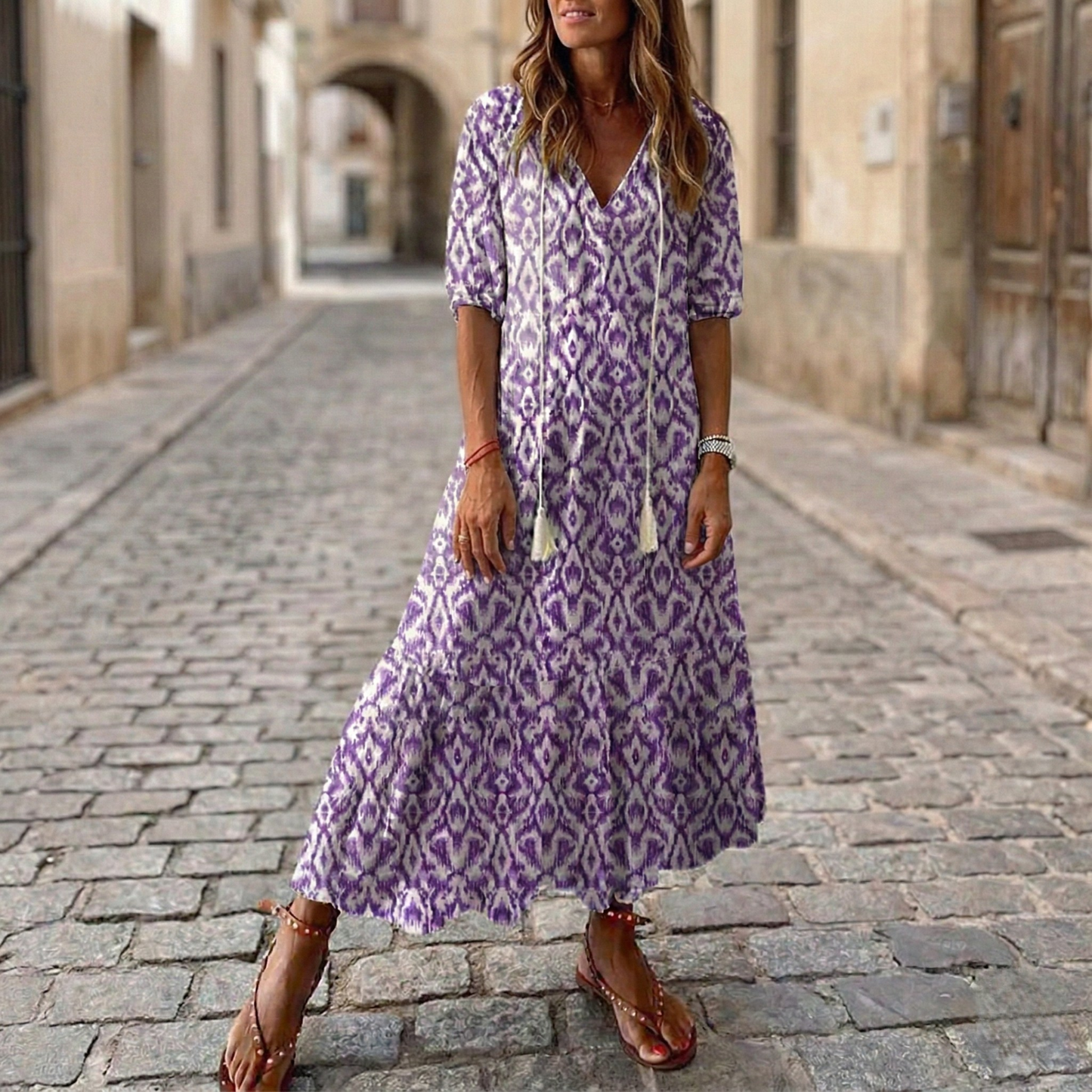 Maxi Dress Women Printed V Neck Half Sleeve