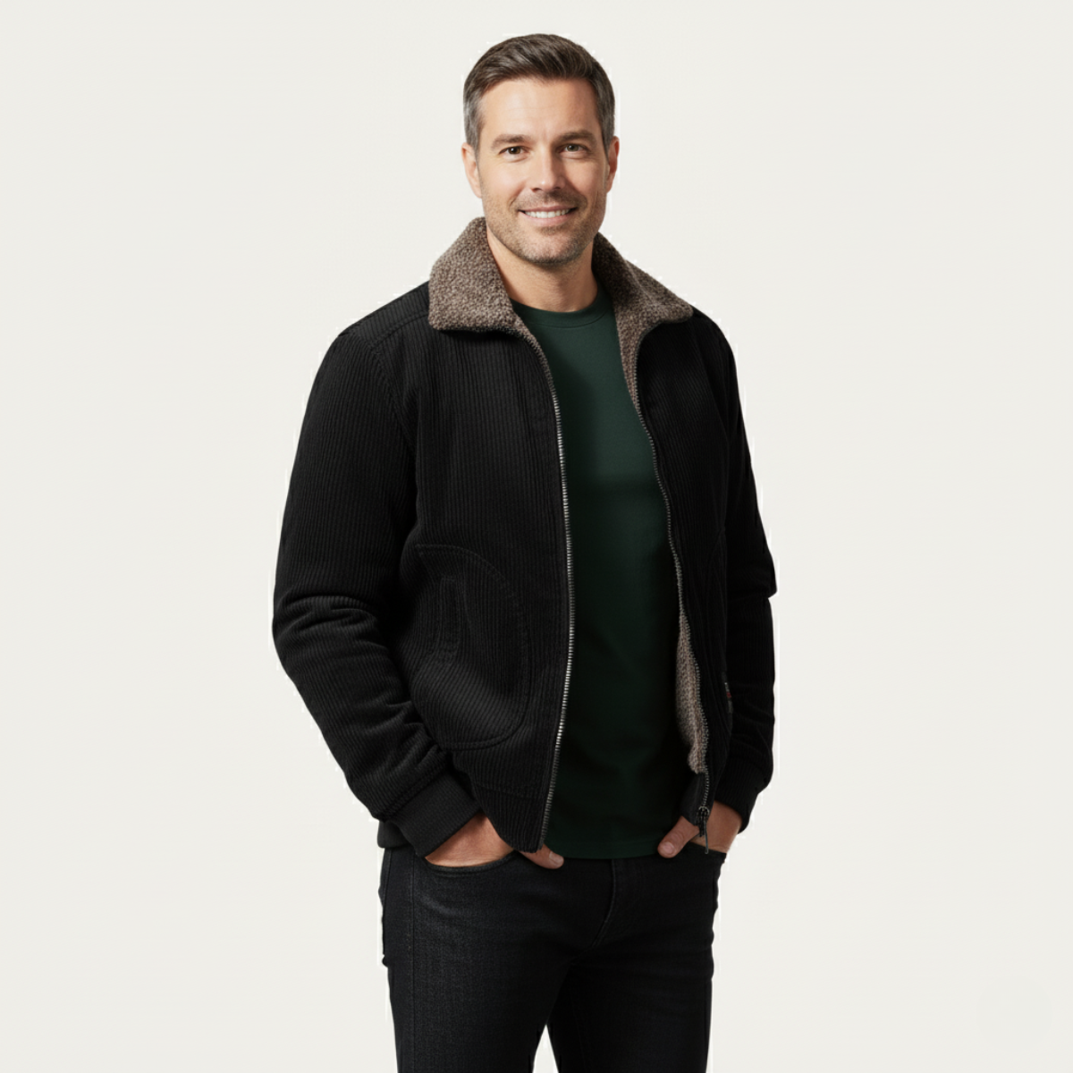 Men's Corduroy Jacket Fleece Lined Fur Collar Zip Up Coat