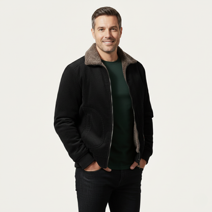 Men's Corduroy Jacket Fleece Lined Fur Collar Zip Up Coat