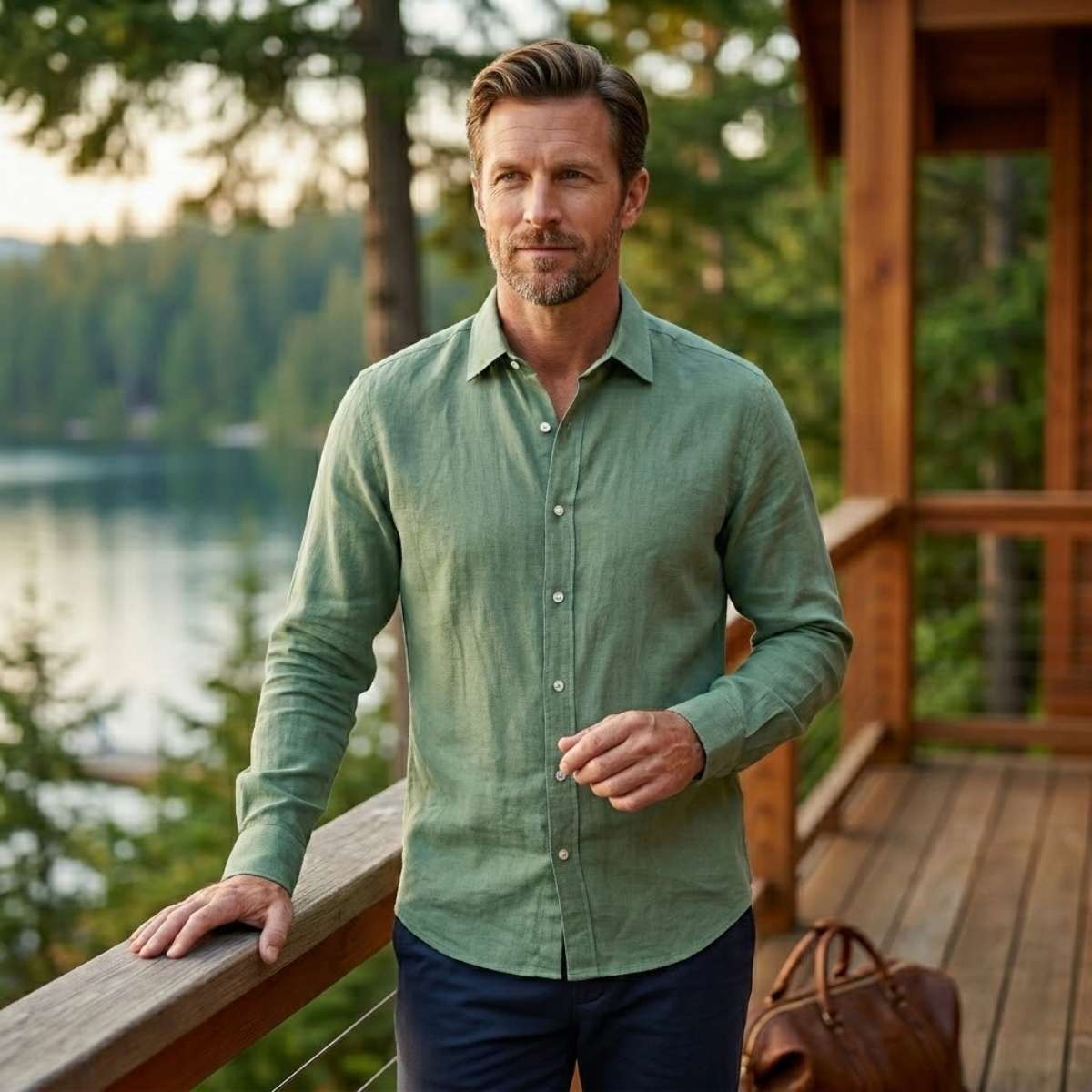 Men's Linen Button Up Shirt Casual Light Blue