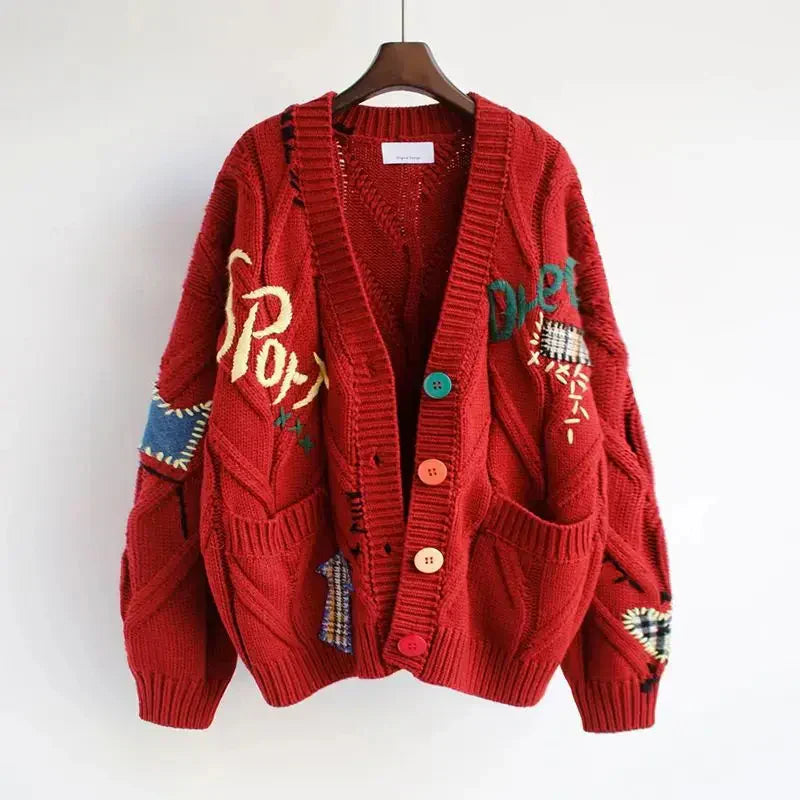 Women's Knitted V-Neck Cardigan Patchwork Embroidery