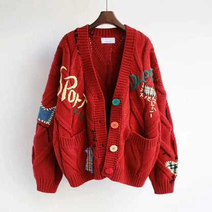 Women's Knitted V-Neck Cardigan Patchwork Embroidery