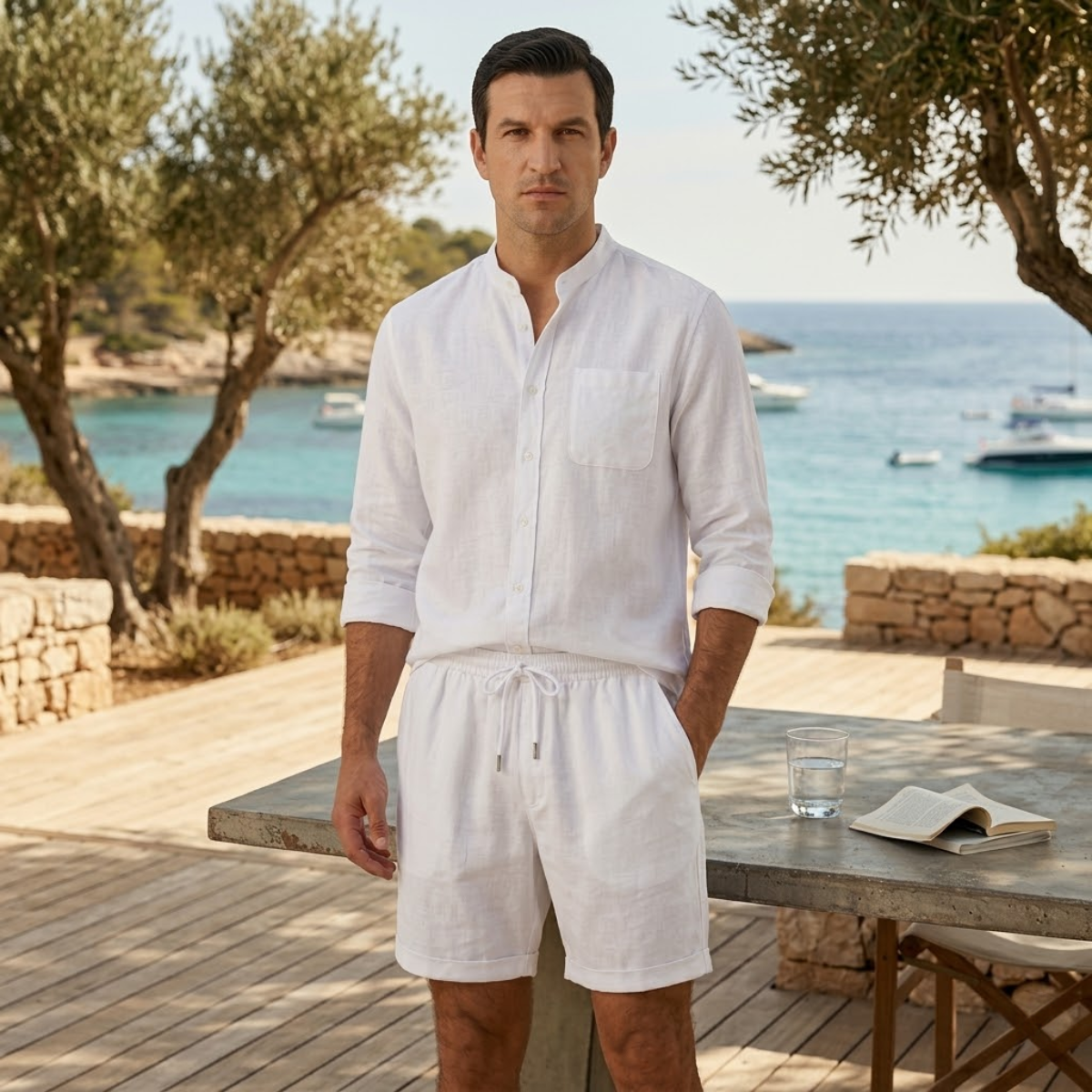Men's Cotton Linen Shirt And Shorts Set