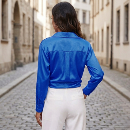 Women’s Satin Tie Front Blouse Long Sleeve Silk Look Shirt