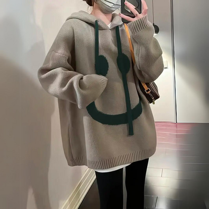 Women's Plus Size Knitted Hoodie Smiley Face