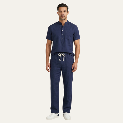 Mens Lightweight Cotton Linen Polo Shirt Pants Set