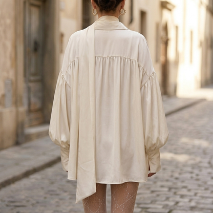 Women’s Oversized Satin Blouse Long Sleeve Button Down Shirt with Scarf Tie