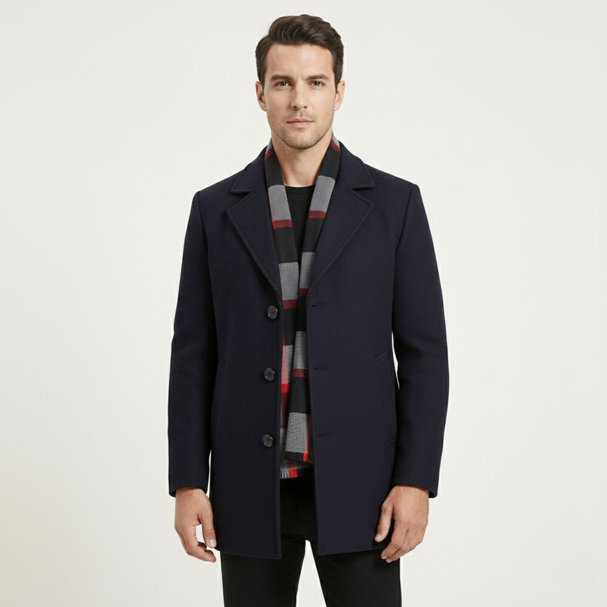 Men's Wool Overcoat Elegant Scarf Detail