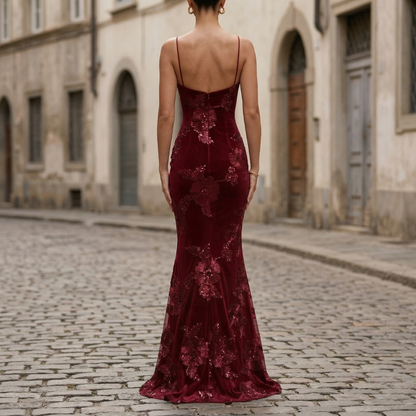 Women’s Mermaid Evening Gown Floral Applique Formal Dress
