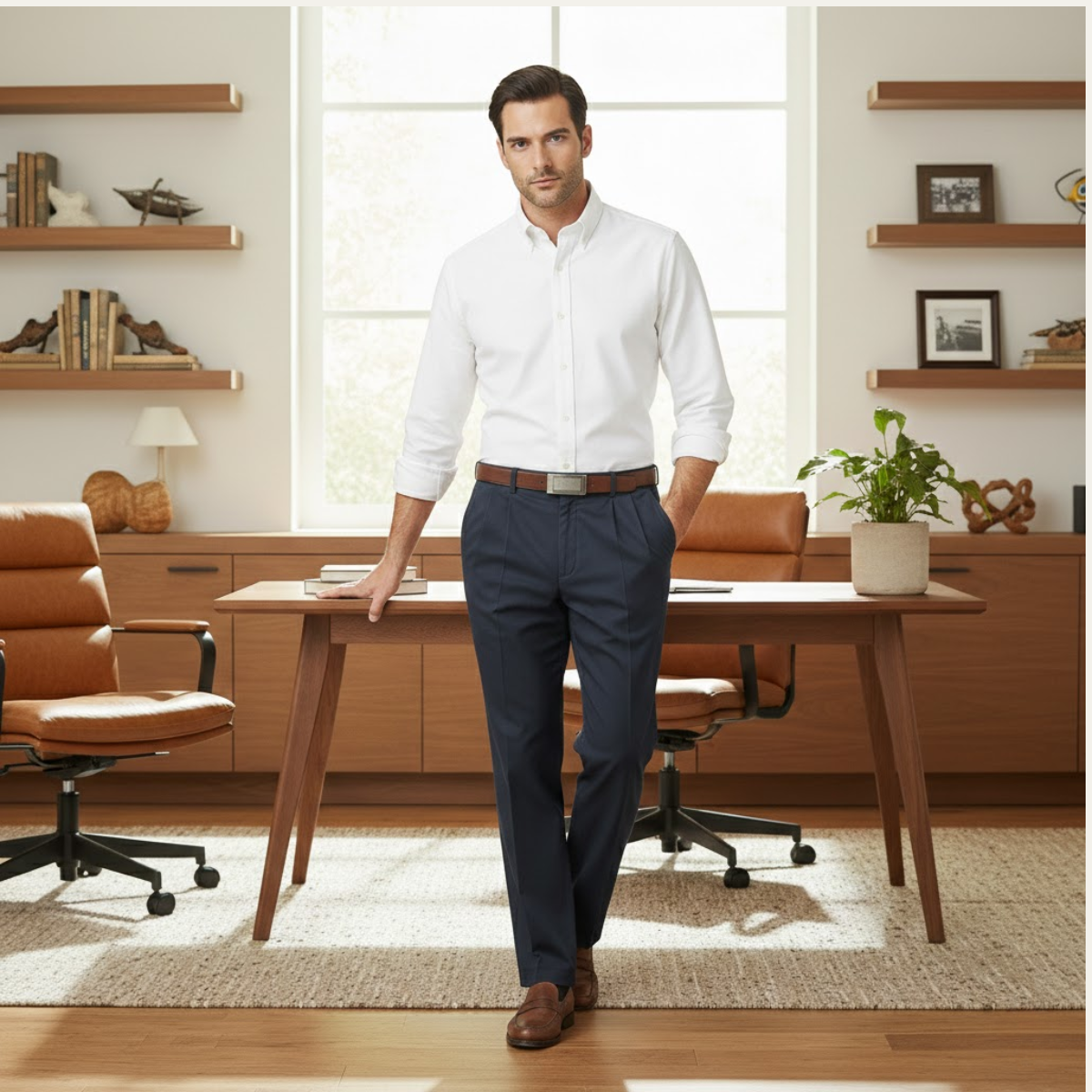 Men's Classic Straight Leg Pants Double Pleated Wool Black