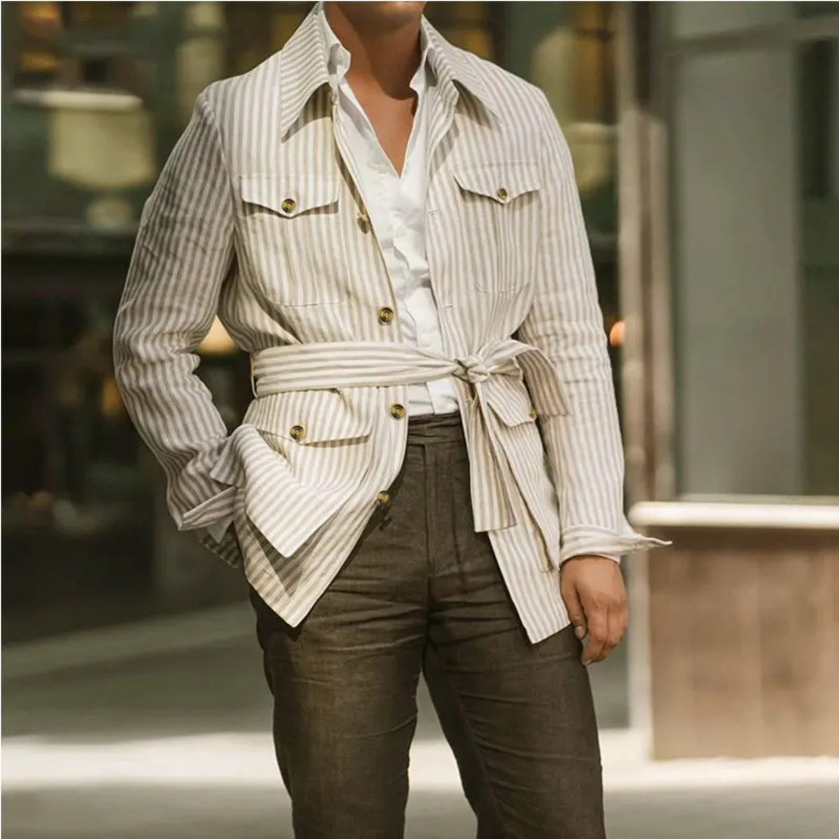 Men's Striped Button Down Shirt Cotton With Pockets