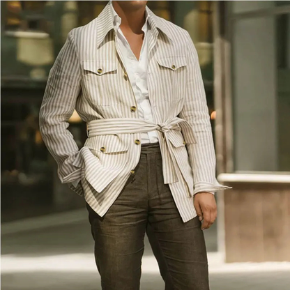 Men's Striped Button Down Shirt Cotton With Pockets
