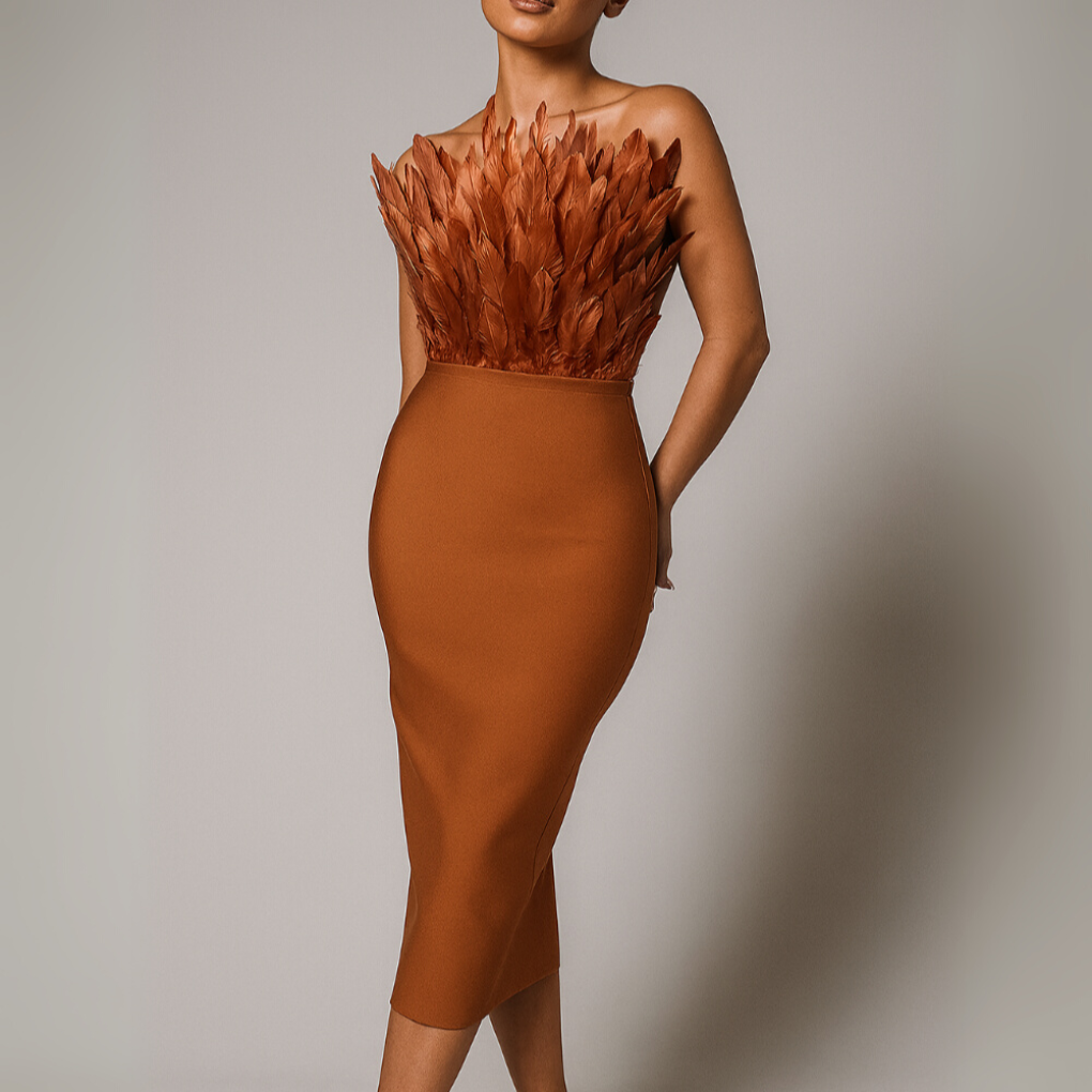 Women Strapless Feather Trim Midi Dress