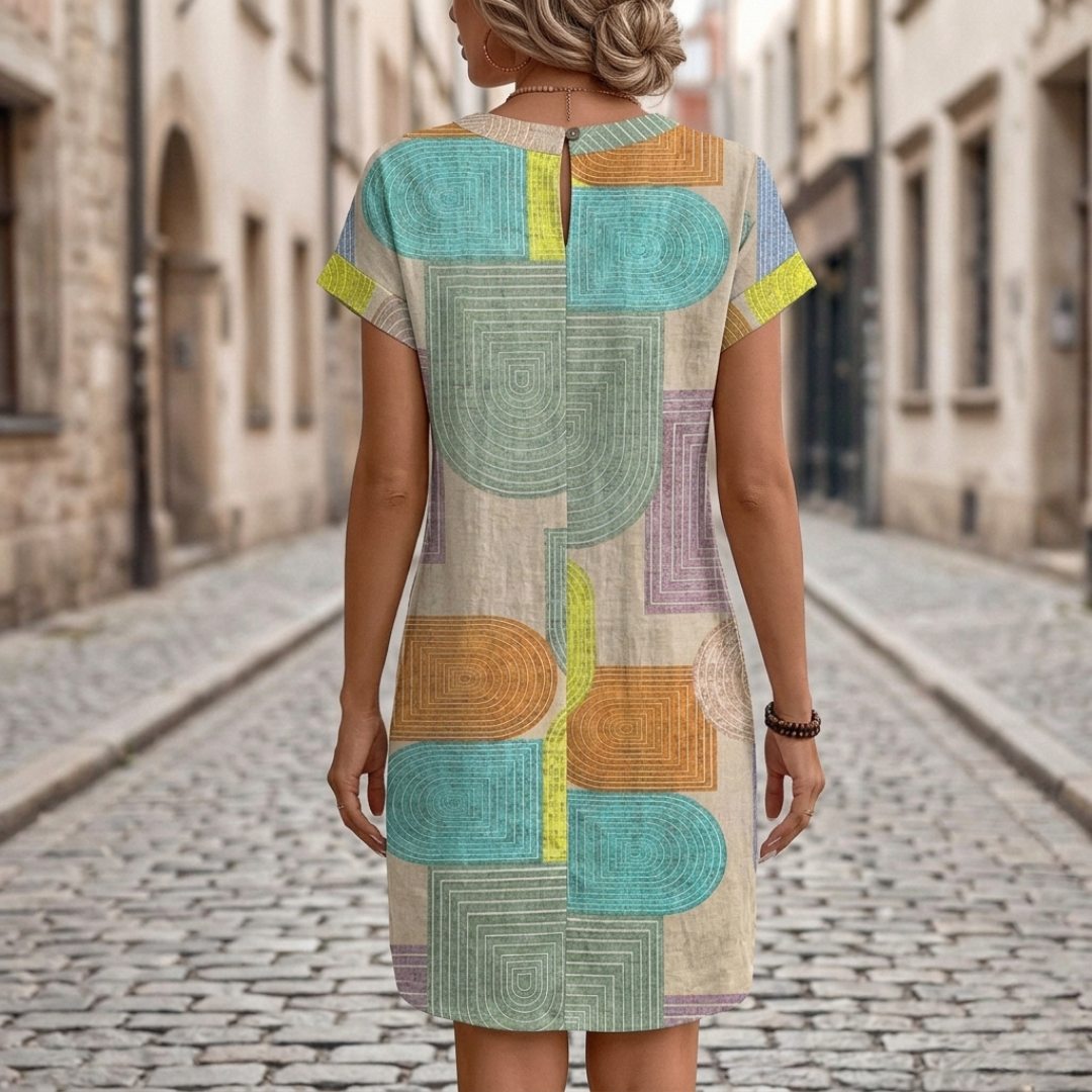 Women’s Boho Geometric Print Shift Dress V-Neck Button Front Casual Midi Dress