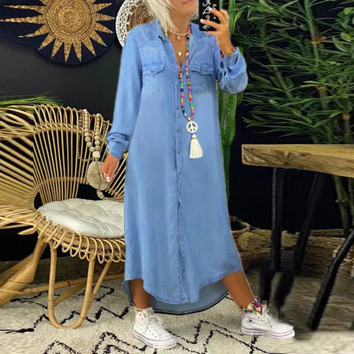Women's Long Sleeve Denim Dress Casual Blue - VibreMode