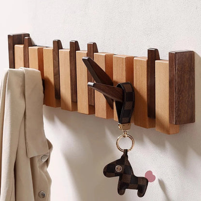 Wooden Wall Coat Rack With Folding Hooks