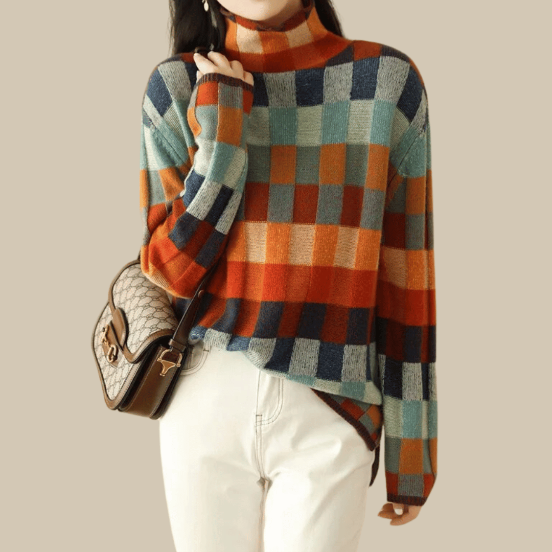 Cashmere Turtleneck Sweater Patchwork Design - VibreMode