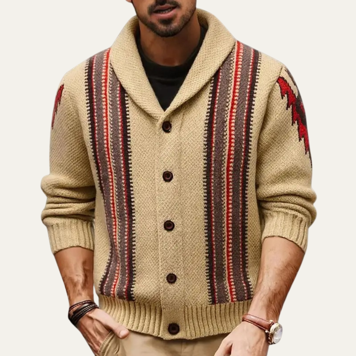 Men's Striped Knit Cardigan Shawl Collar Retro Style