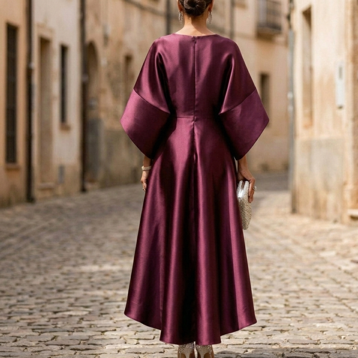Evening Dress Women Satin Midi Cape Sleeve