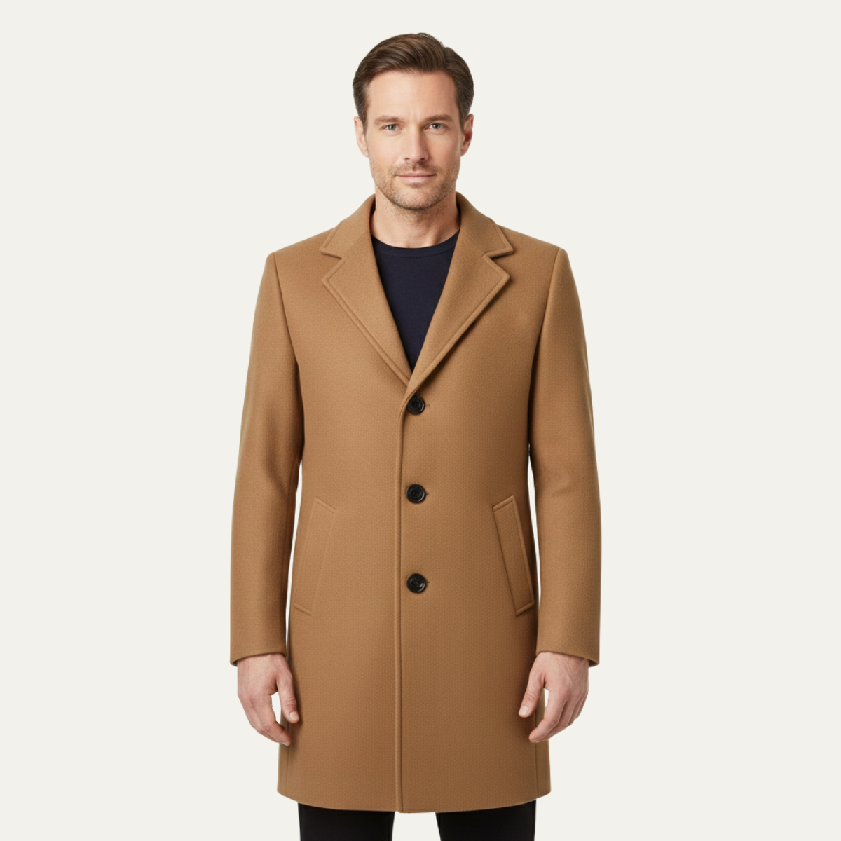 Men's Double Breasted Wool Overcoat Long Black