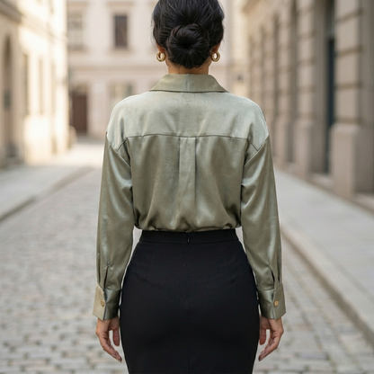 Women’s Satin Button Down Blouse Long Sleeve Silk Look Shirt