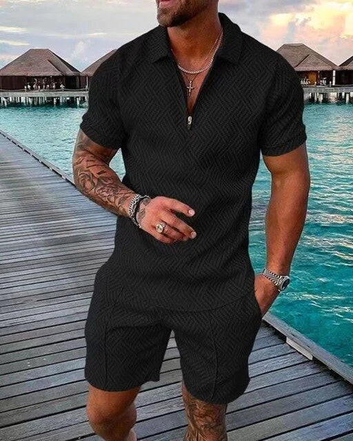 Men's Polo Shirt Shorts Set Cotton Summer