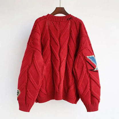Women's Knitted V-Neck Cardigan Patchwork Embroidery