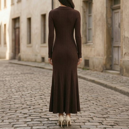 Women’s Long Sleeve Knit Maxi Dress Ribbed Bodycon Button Detail