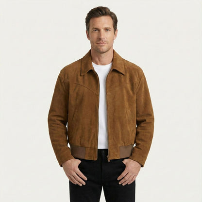 Men's Suede Leather Bomber Jacket Classic Style