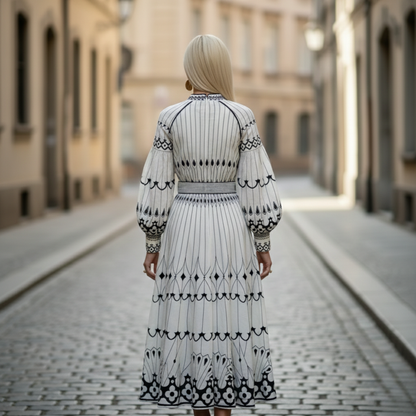 Printed Long Sleeve Belted Midi Dress Women