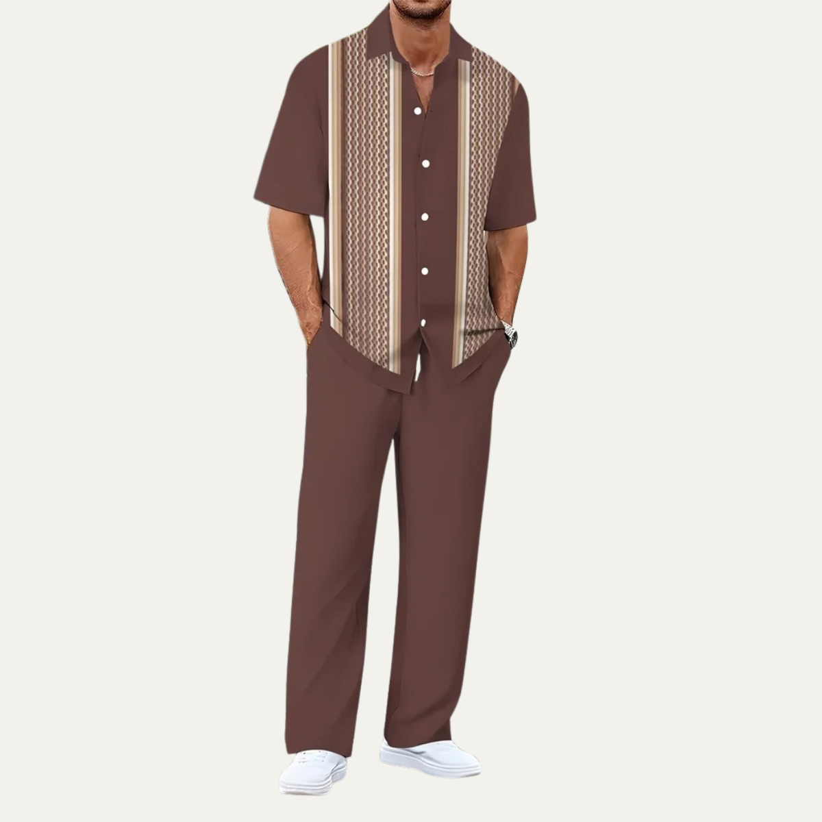 Men's Striped 2 Piece Suit Set Shirt Pants Lightweight