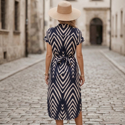 Button Front Belted Midi Dress Shirt Printed Women