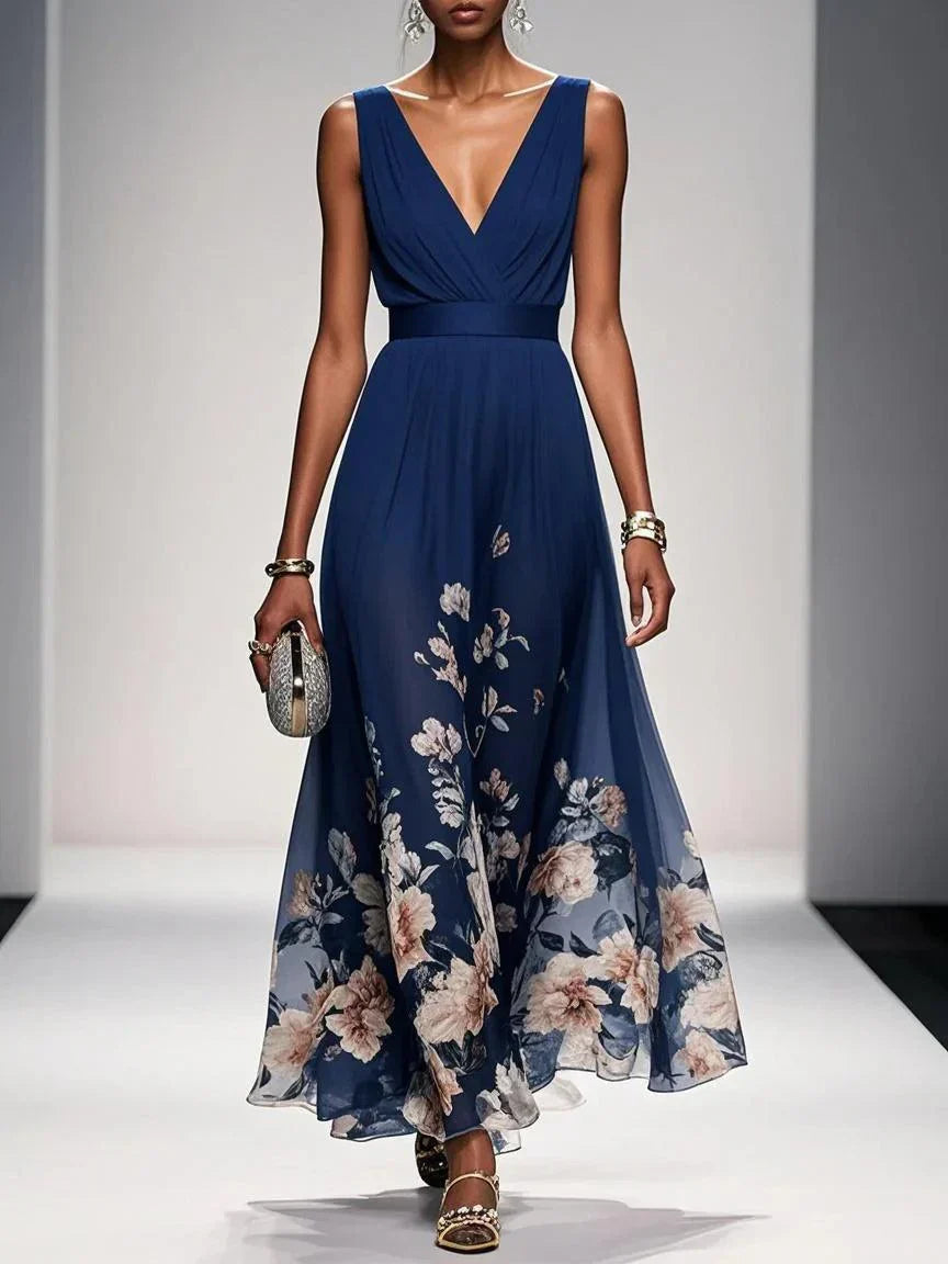 Women's Floral Maxi Dress Sleeveless V-Neck Wide Straps
