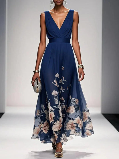 Women's Floral Maxi Dress Sleeveless V-Neck Wide Straps