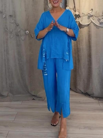 Relaxed Fit Women's 2 Piece V Neck Top and Pants